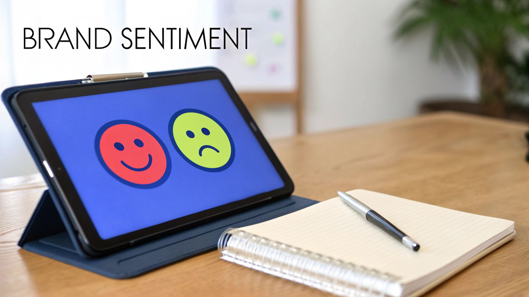 A tablet displays happy and sad face emojis for brand sentiment, next to a notebook and pen.