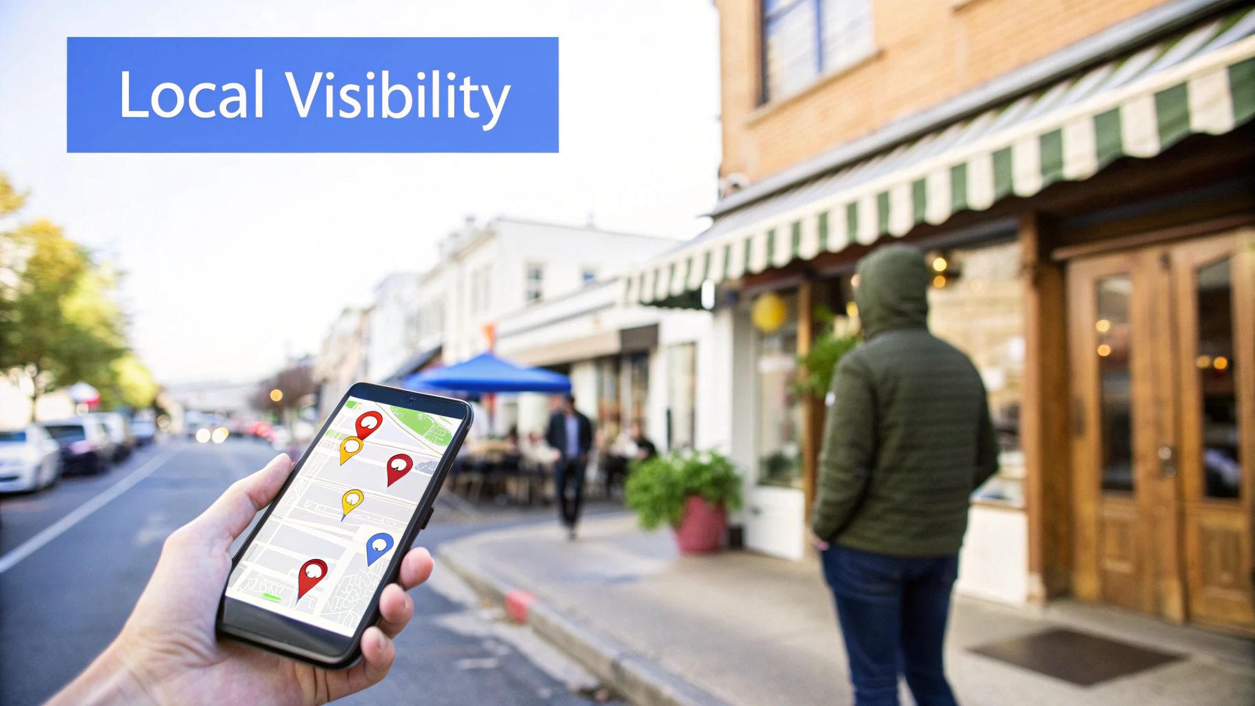 A hand holds a smartphone displaying a map with colorful location pins on a bustling city street.