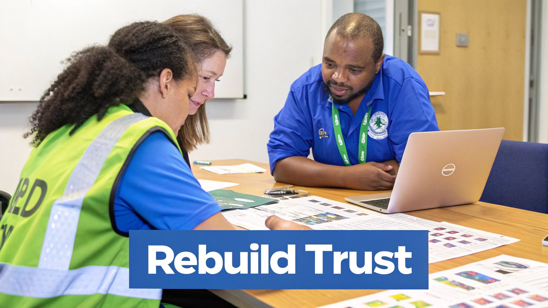 Three diverse professionals collaborate at a table, reviewing documents and a laptop, with a 'Rebuild Trust' banner.