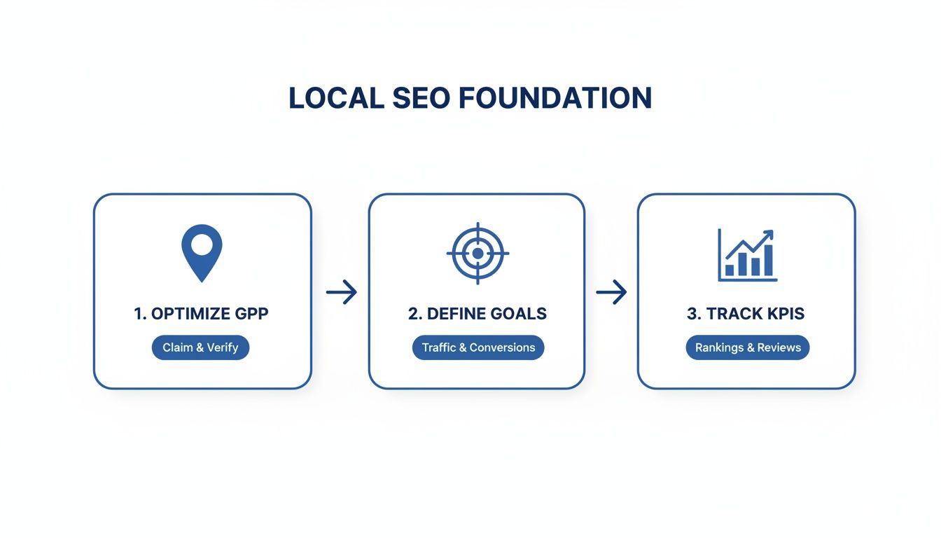 A diagram illustrating the 3-step local SEO foundation: optimize GPP, define goals, and track KPIs.