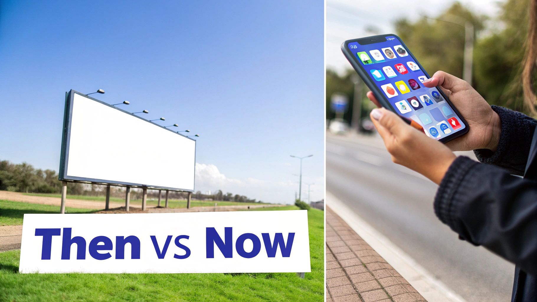 A split image contrasting a traditional billboard (Then) with a person using a smartphone with many apps (Now).