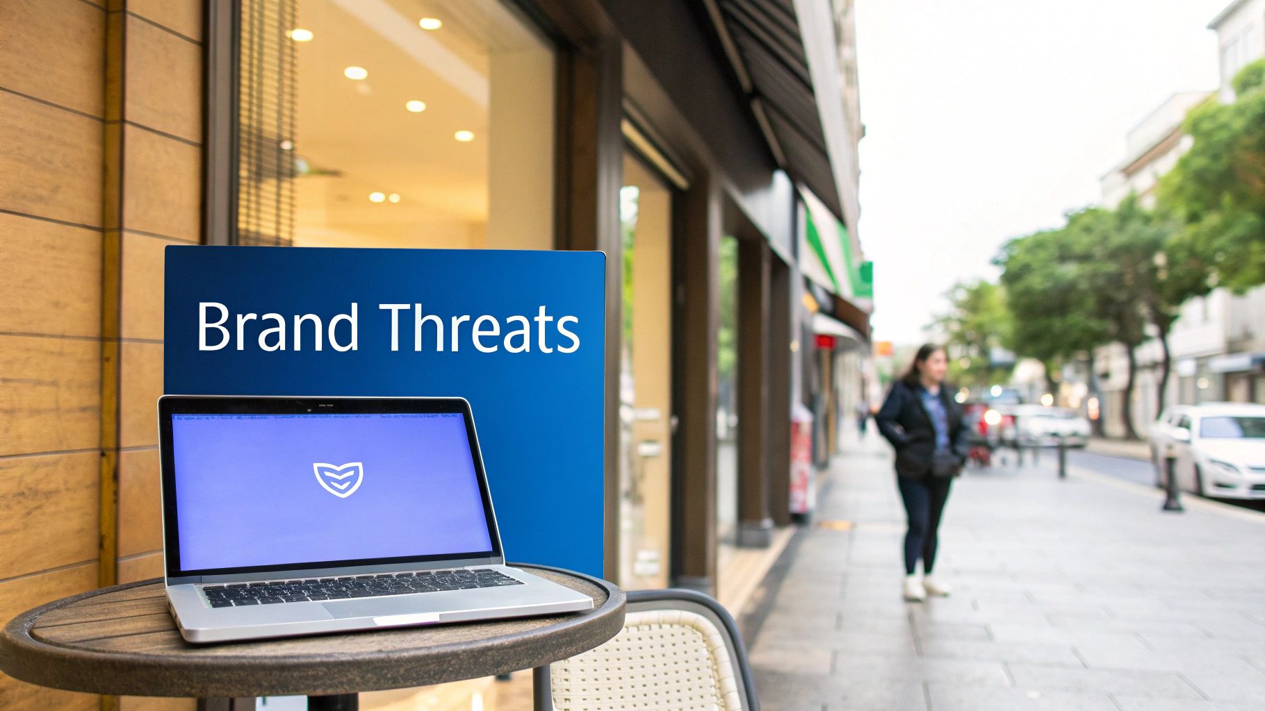 A laptop with a shield logo next to a 'Brand Threats' sign on a busy street.
