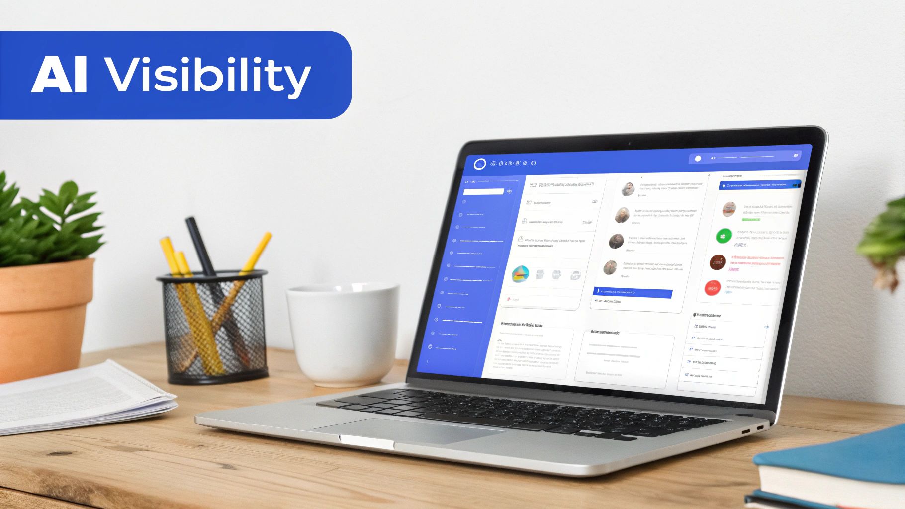 Workspace with a laptop displaying a blue AI Visibility dashboard, alongside a plant, pens, and a mug.