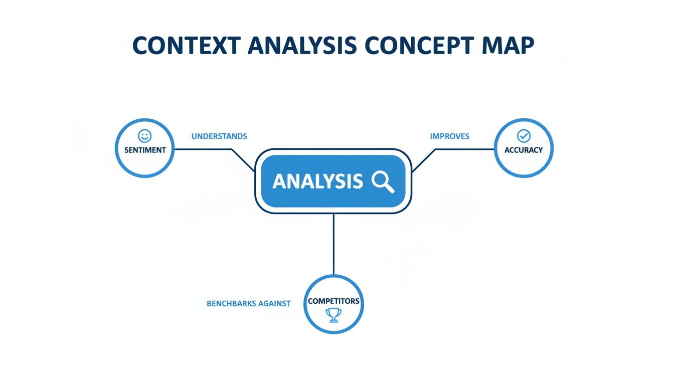 A concept map illustrating context analysis, connecting analysis to sentiment, accuracy, and competitors.