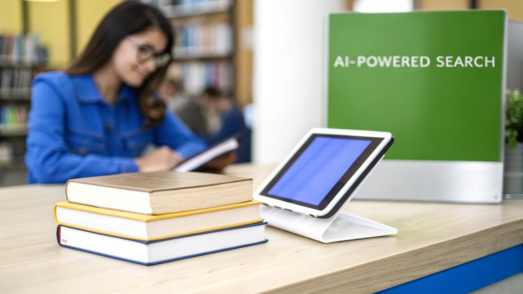 A woman studies in a library with books, a tablet, and an 'AI-POWERED SEARCH' display.