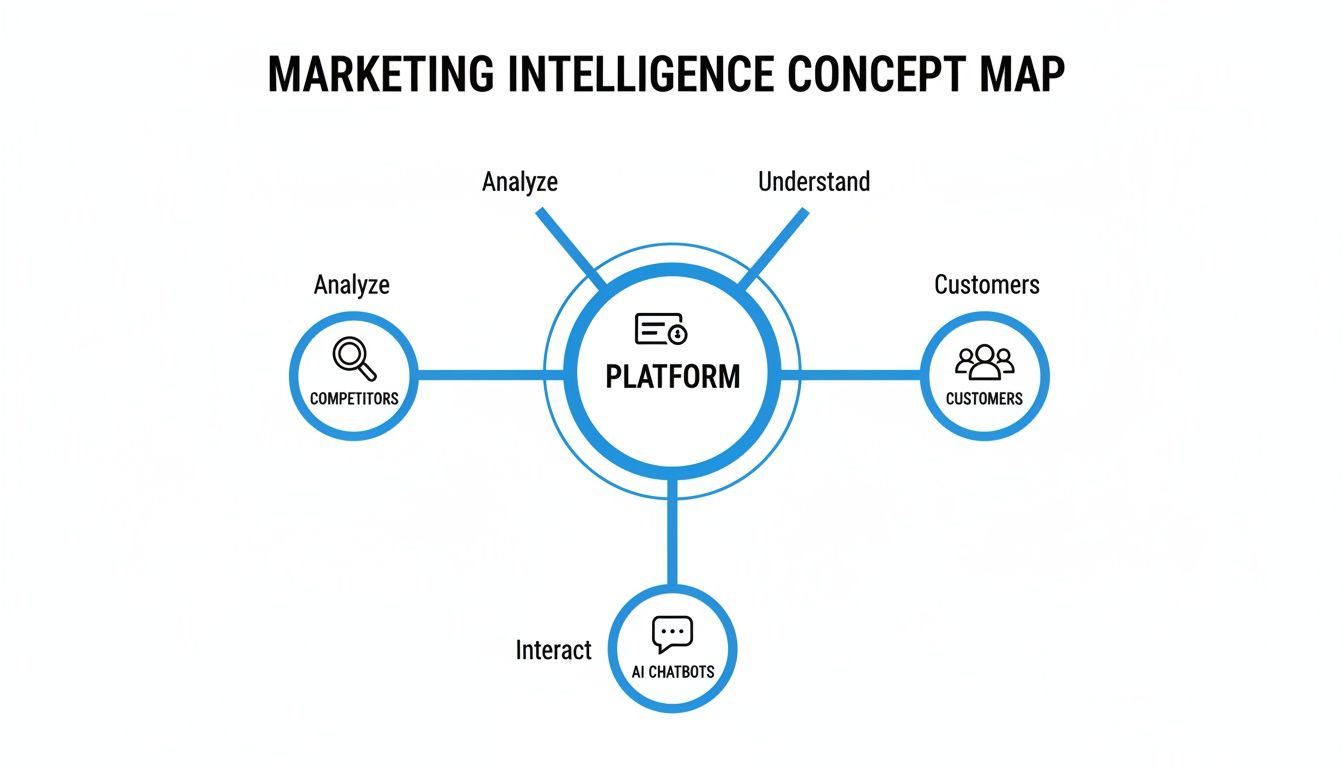 A marketing intelligence concept map showing a central platform connected to competitors, customers, and AI chatbots.