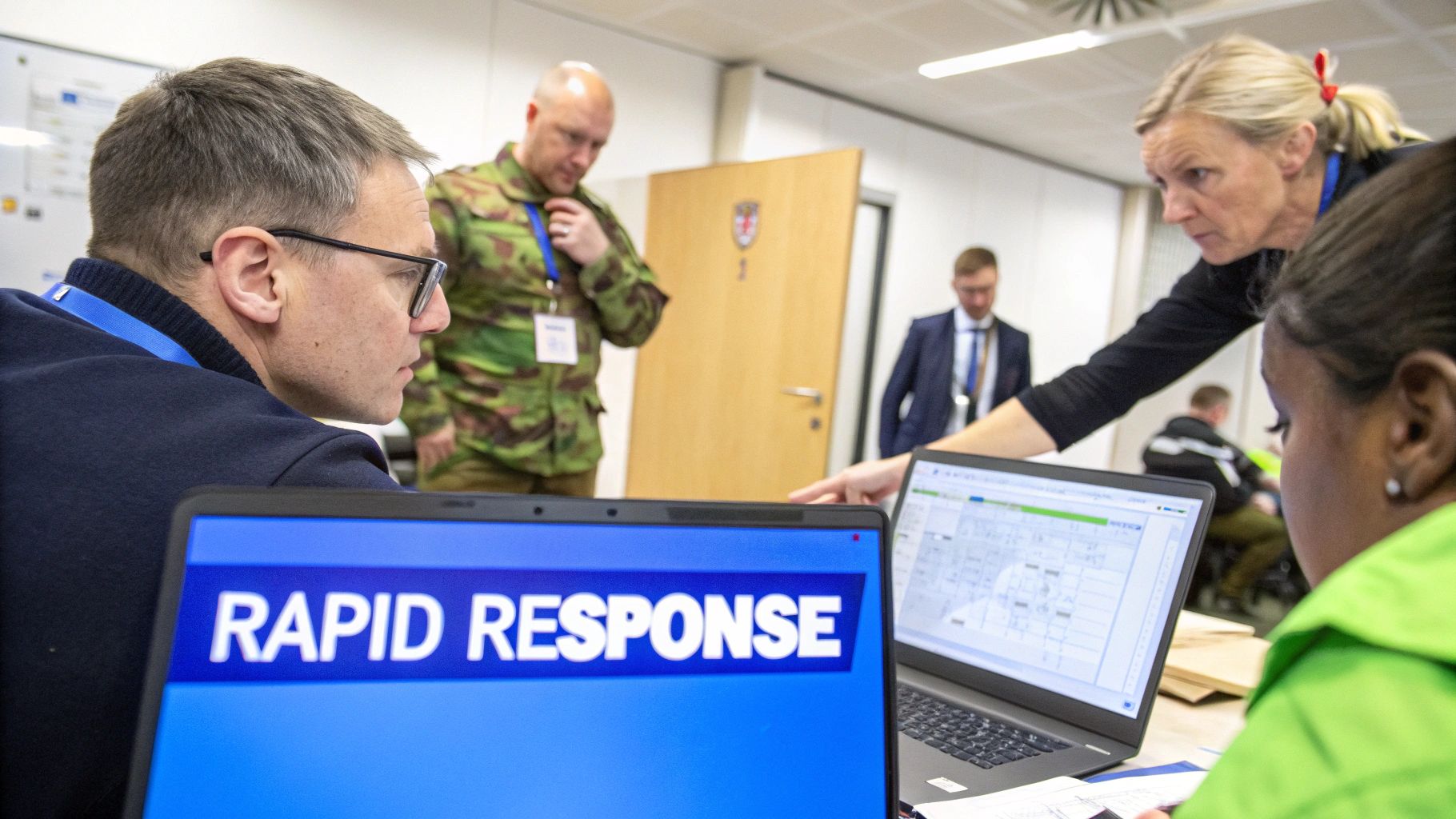 Professionals in an office discuss information on laptops, one displaying 'Rapid Response'.