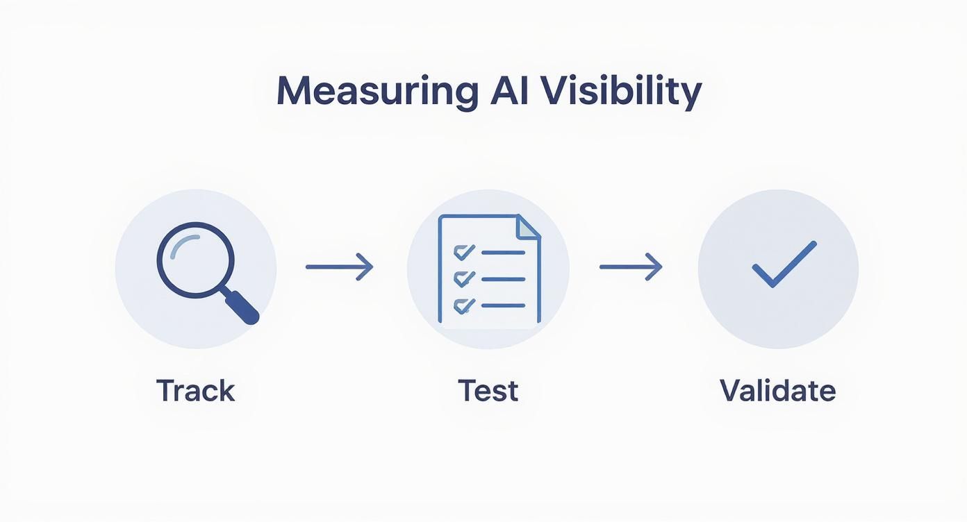 A diagram titled 'Measuring AI Visibility' with three steps: Track (magnifying glass), Test (checklist), and Validate (checkmark).