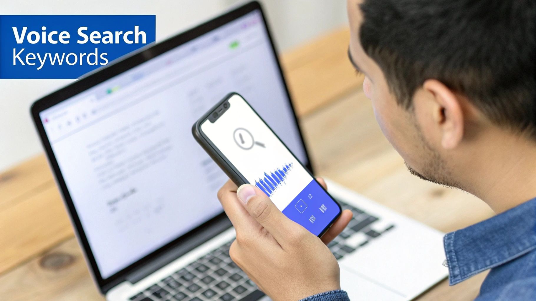 A person uses a smartphone for voice search, displaying a sound wave interface, next to a laptop.