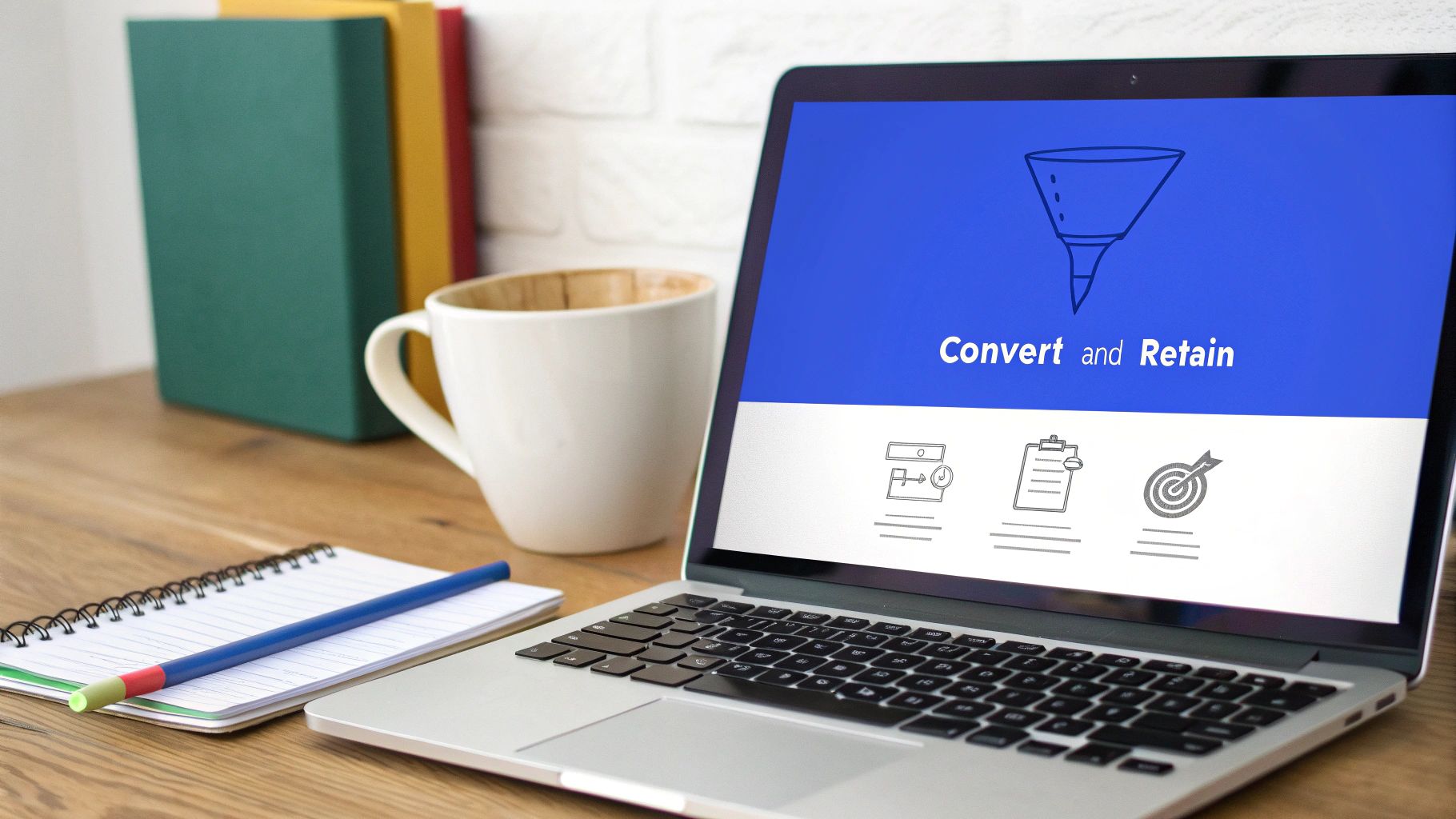 A laptop displaying a marketing funnel with 'Convert and Retain' on a wooden desk with a coffee mug.