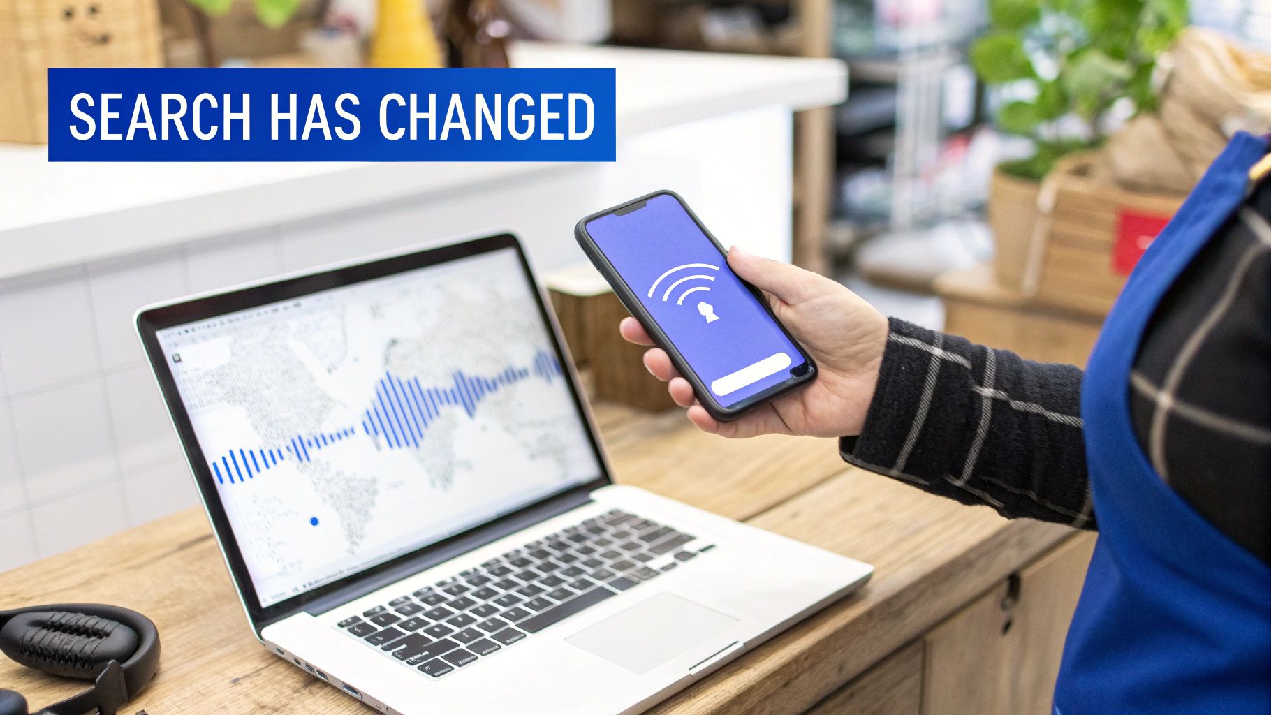 A person holds a smartphone with a search icon next to a laptop displaying a world map with data.