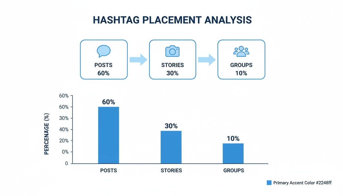 Bar chart and flowchart illustrating hashtag placement analysis: 60% in posts, 30% in stories, 10% in groups.
