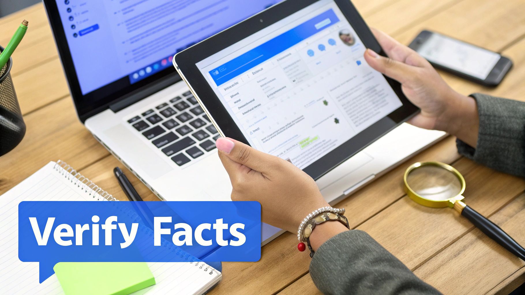 A person is verifying facts on a tablet and laptop, with a magnifying glass on a wooden desk.