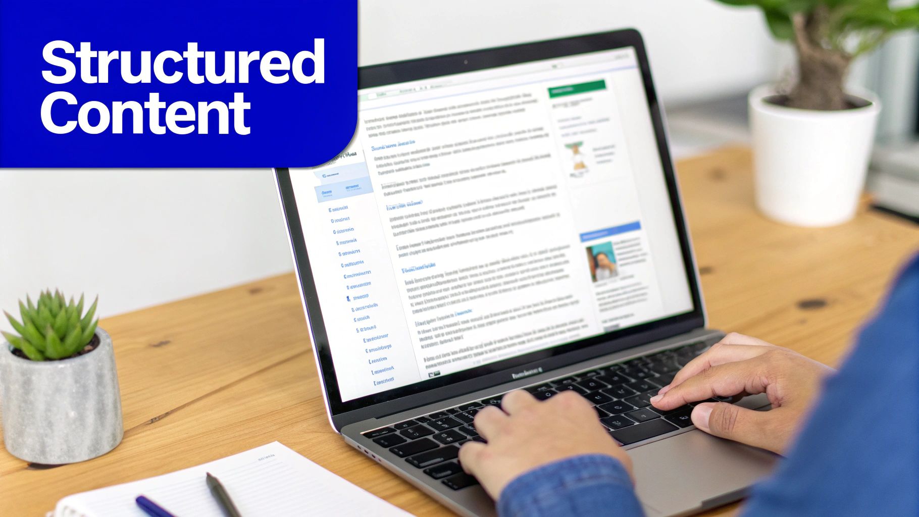 A person works on a laptop displaying structured content, with plants and a notebook on a wooden desk.