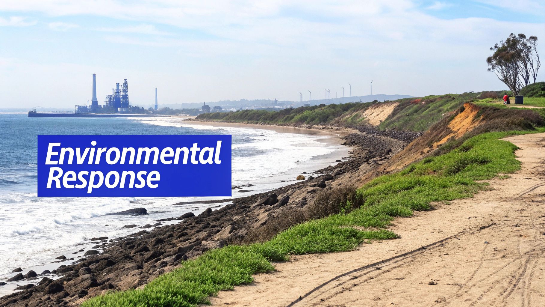 Coastal landscape with an industrial plant, wind turbines, beach, and 'Environmental Response' text.
