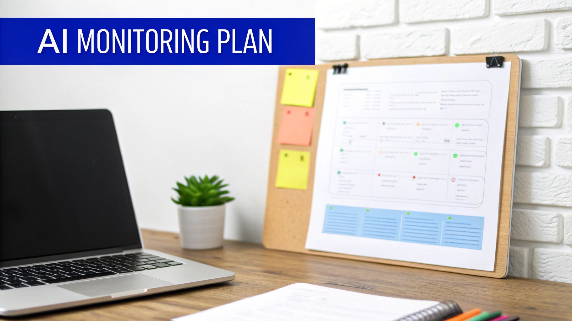 A clean desk setup with a laptop, small plant, and a document titled 'AI Monitoring Plan'.