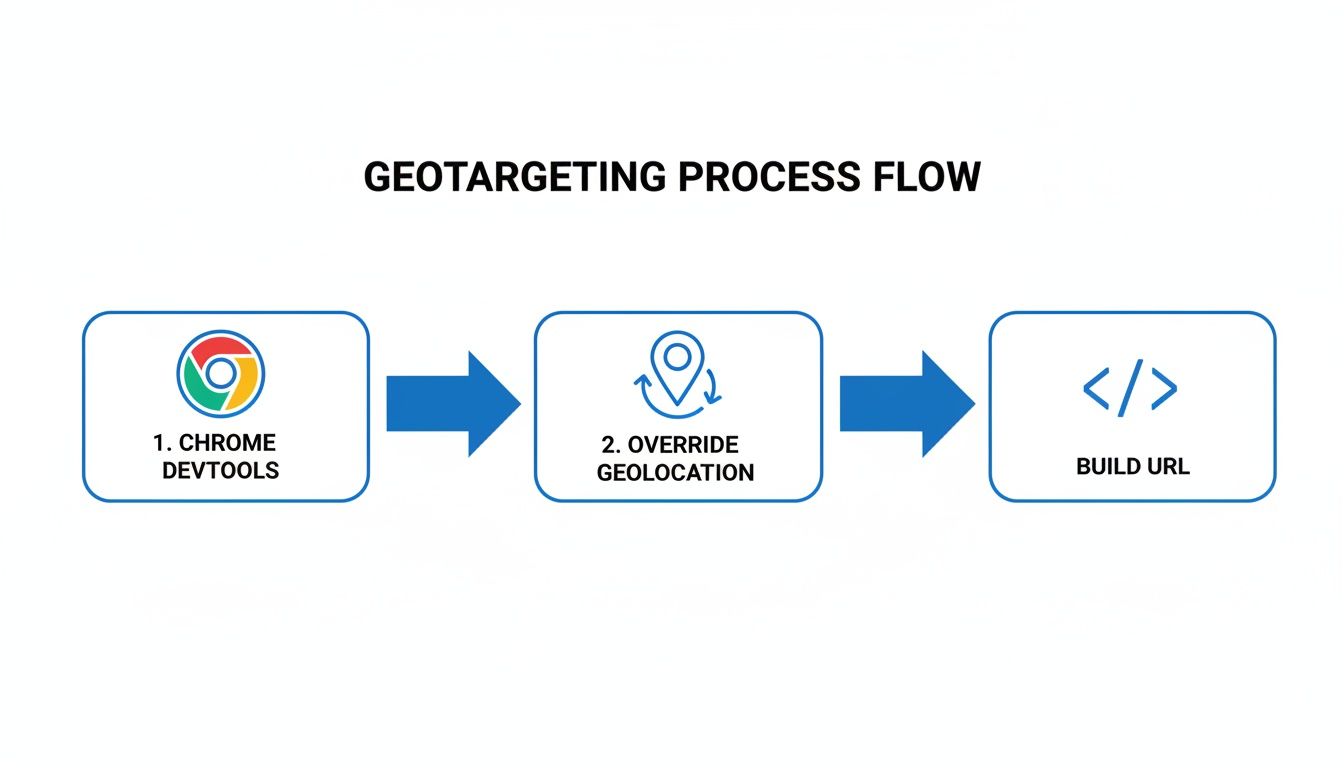 Geotargeting process flow diagram showing steps to override geolocation using Chrome DevTools and build URL.