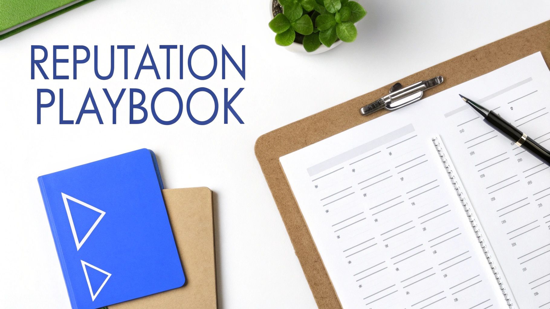 Overhead shot of a desk with “REPUTATION PLAYBOOK” text, notebooks, a plant, and a clipboard.