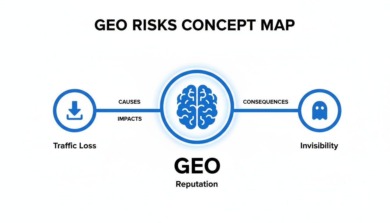A concept map illustrating GEO risks, showing traffic loss as causes and impacts, leading to invisibility.