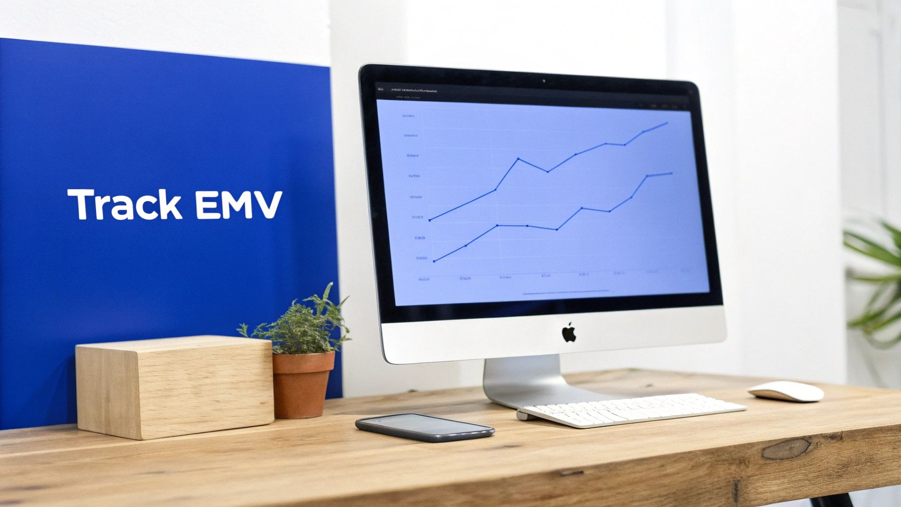 A modern desk features an iMac displaying a business graph, a smartphone, and a blue 'Track EMV' sign.