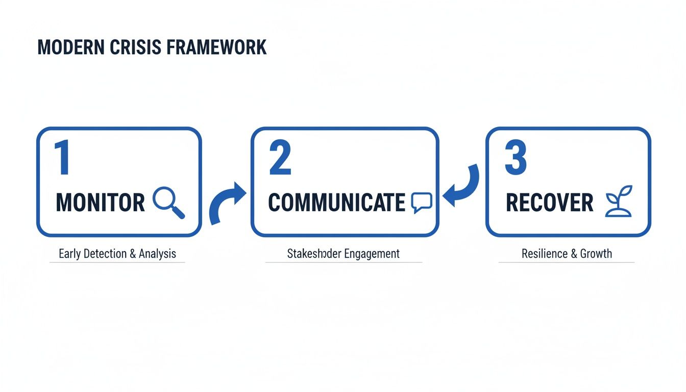 A modern crisis framework showing three steps: Monitor, Communicate, and Recover with arrows.