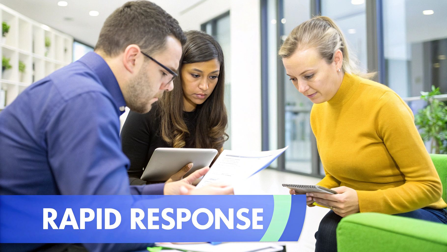 Three diverse professionals collaborate intently in an office, reviewing documents and tablets for rapid response.