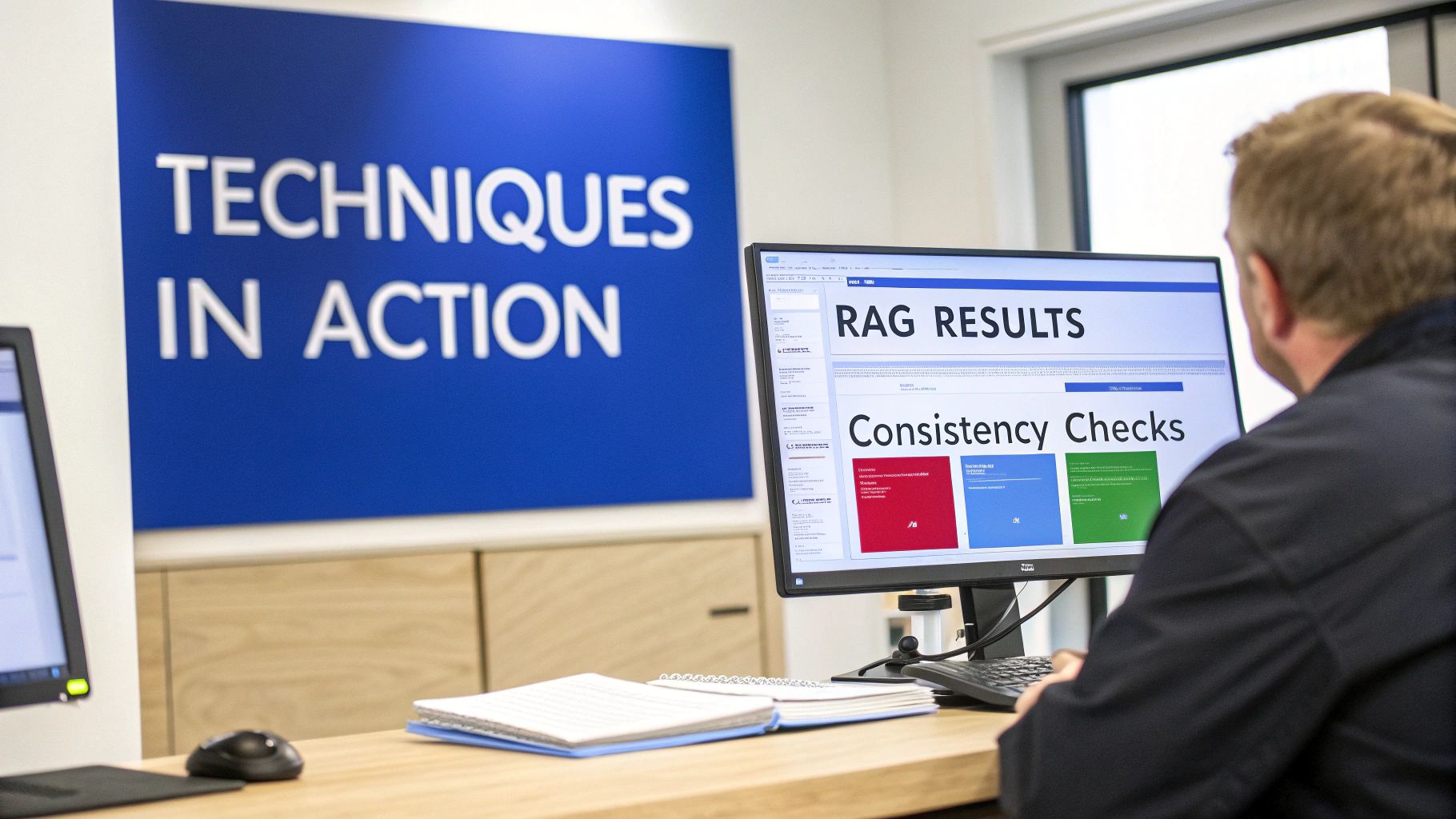 Professional reviewing RAG results and consistency checks on computer monitor displaying color-coded verification system