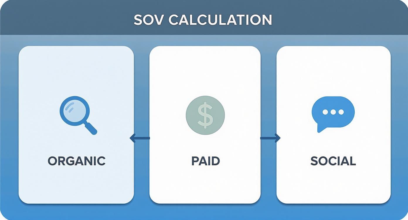 Share of Voice calculation diagram showing organic, paid, and social media channels with icons.