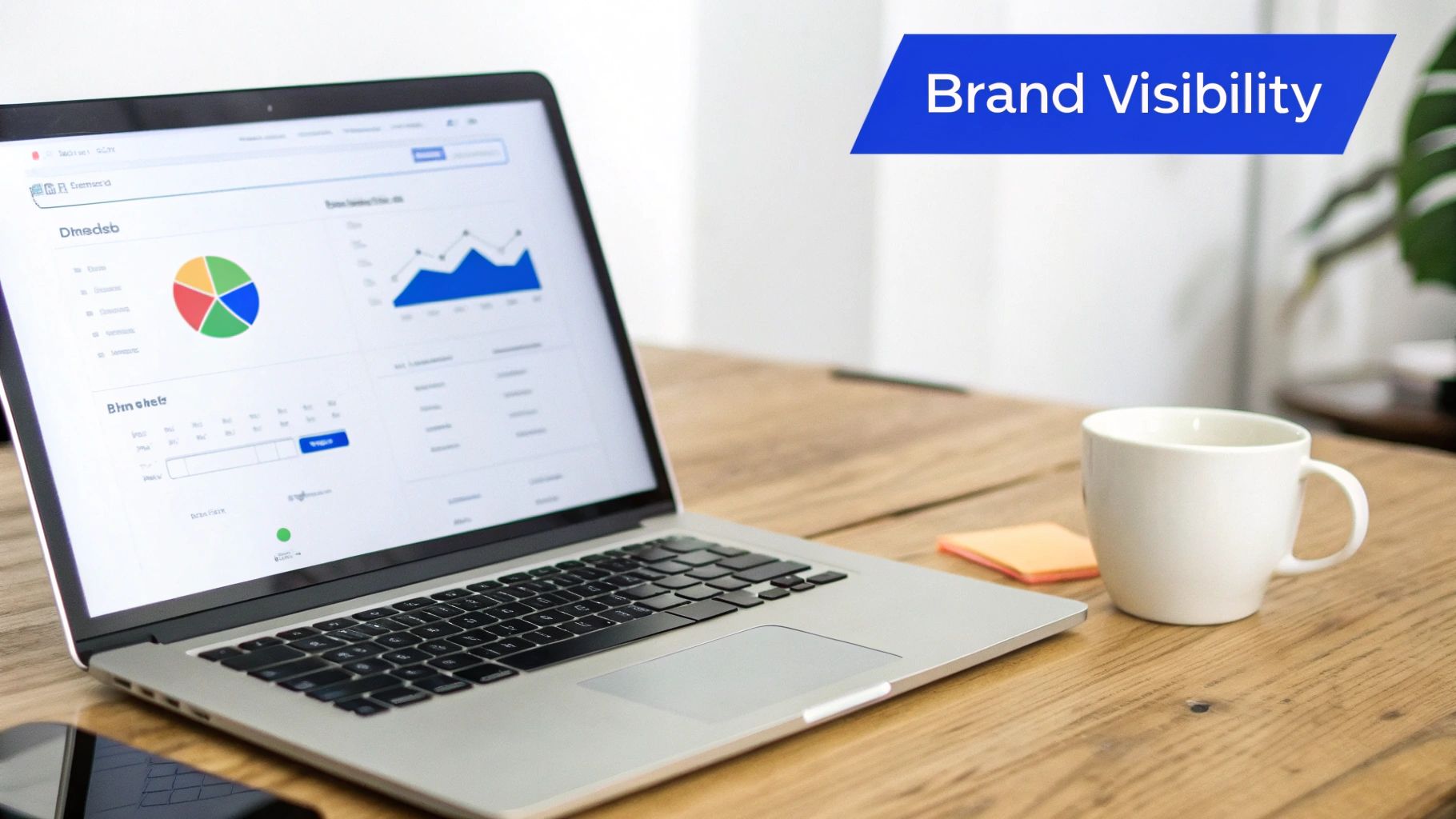 A laptop on a wooden desk displays brand visibility analytics, charts, graphs, a coffee mug, and a smartphone.