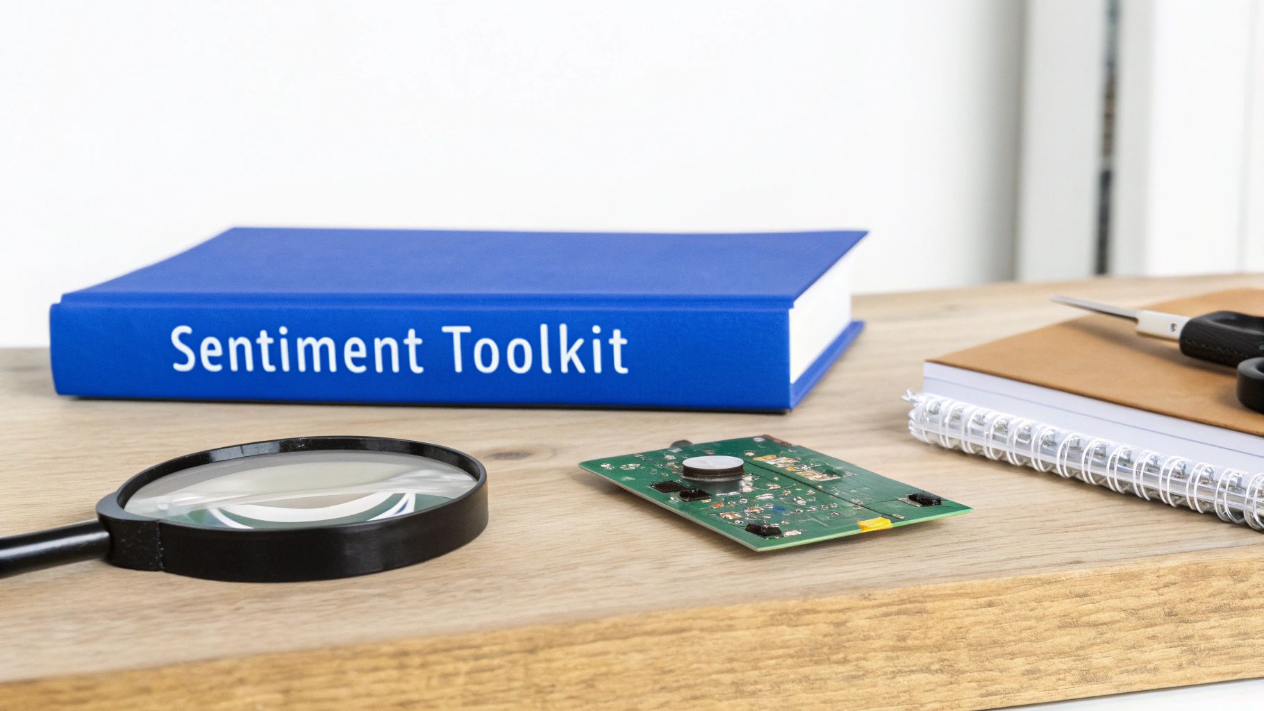 A blue book titled 'Sentiment Toolkit' is displayed with a magnifying glass and circuit board on a wooden desk.