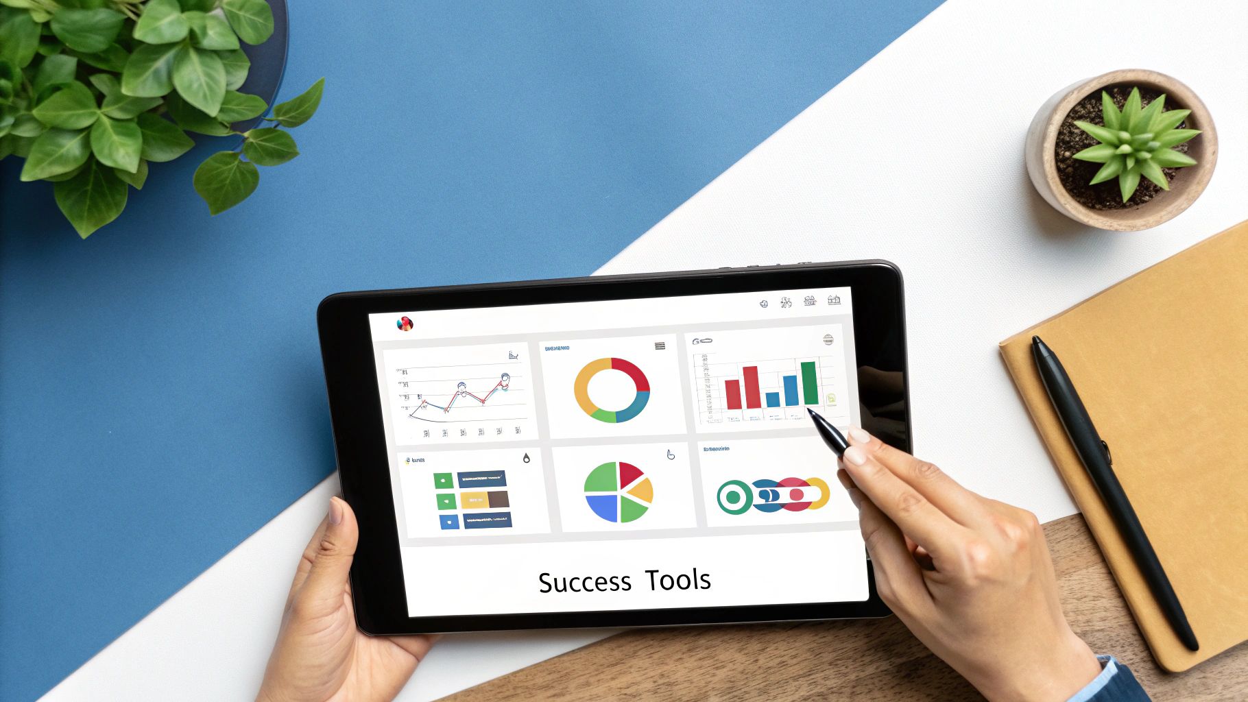 A person working on a laptop, surrounded by icons representing guided templates, financial charts, and marketing plans.