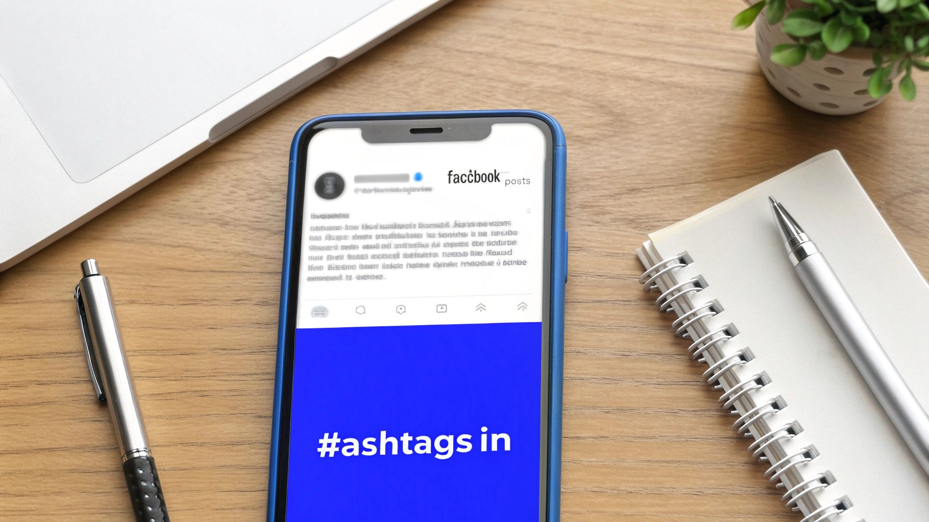 Smartphone displaying 'faccbook posts' and '#ashtags in' on a wooden desk with a laptop.