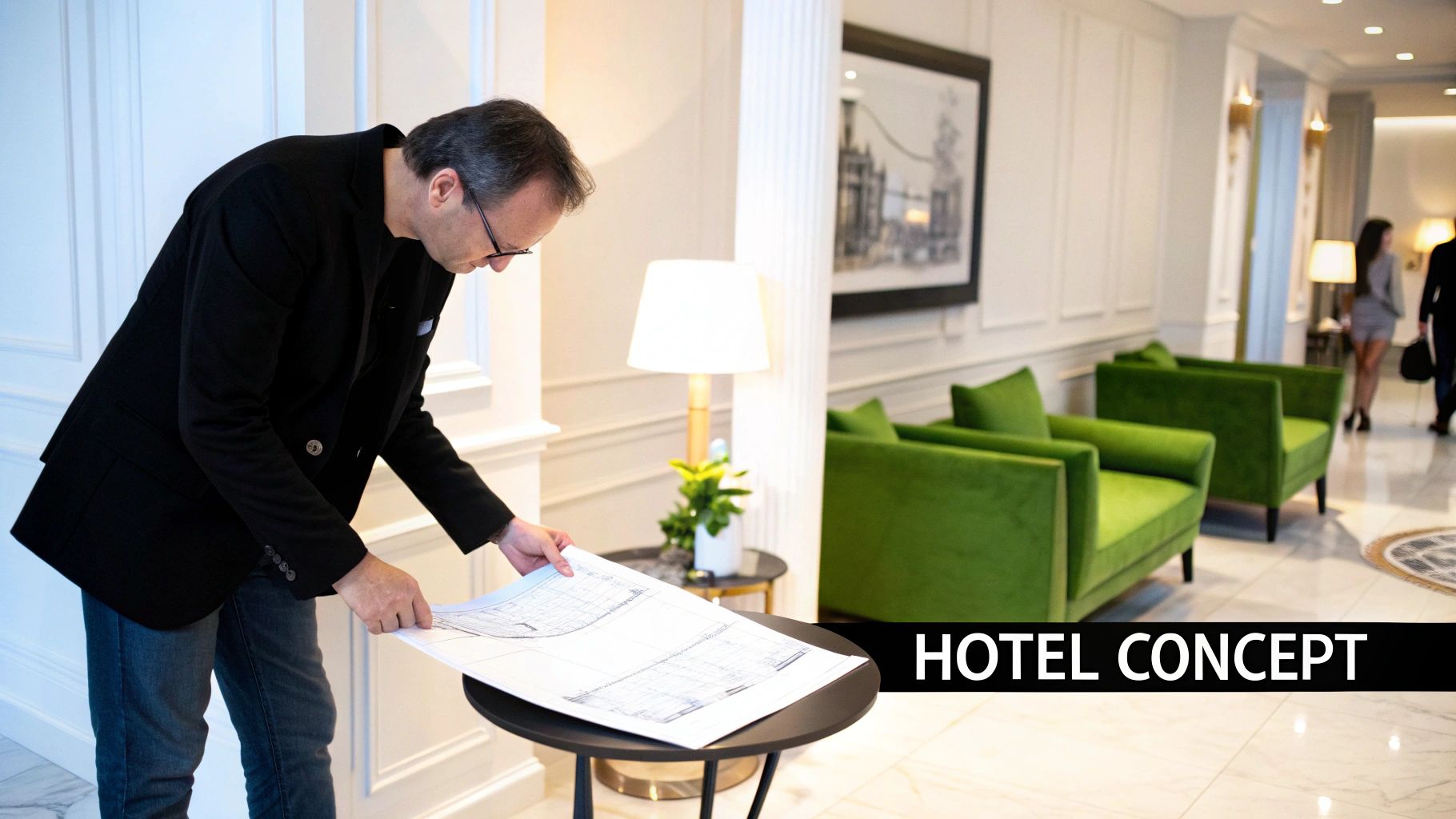 A person working on a laptop at a desk with a plant, symbolizing the planning stage of a hotel business.