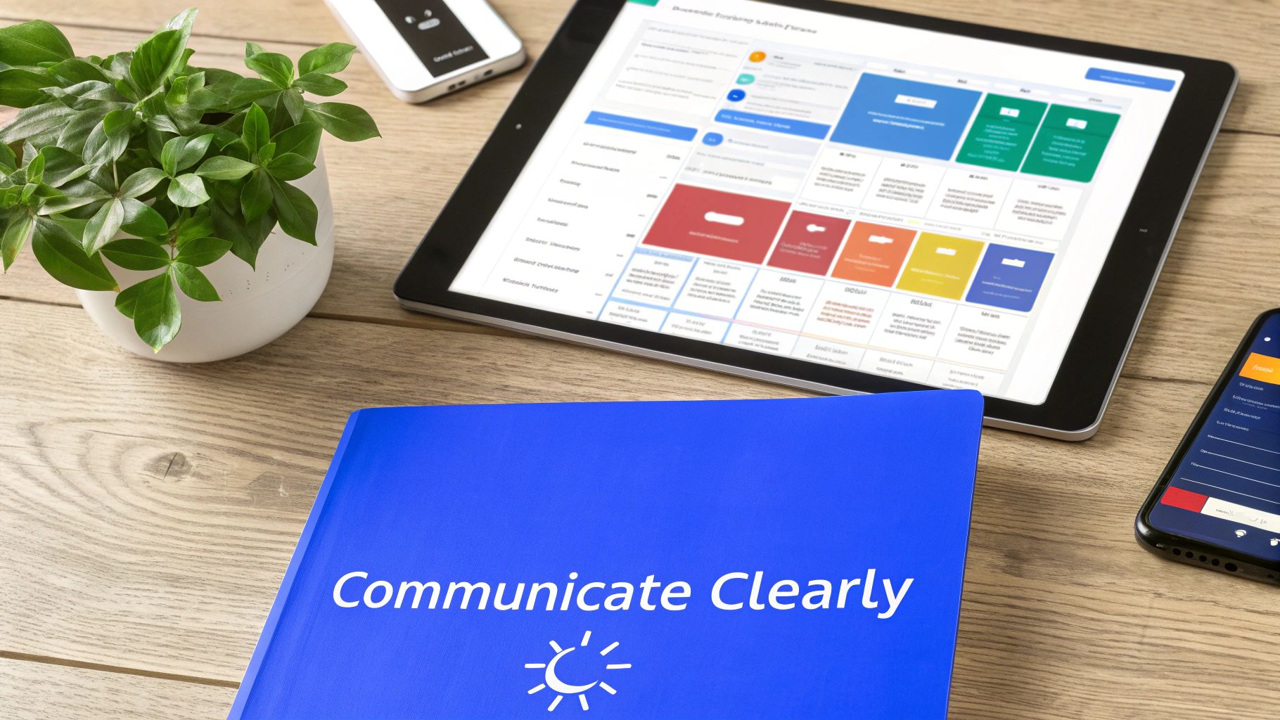 Flat lay of a professional workspace with a blue book, tablet, smartphone, and green plant.