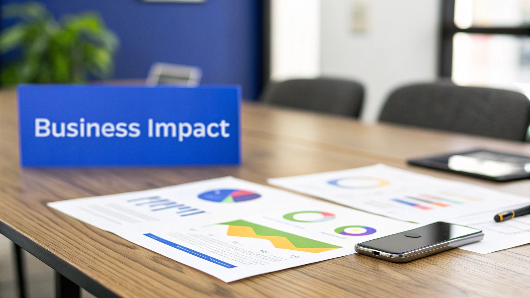 A conference table with a 'Business Impact' sign, financial charts, graphs, a smartphone, and a pen.