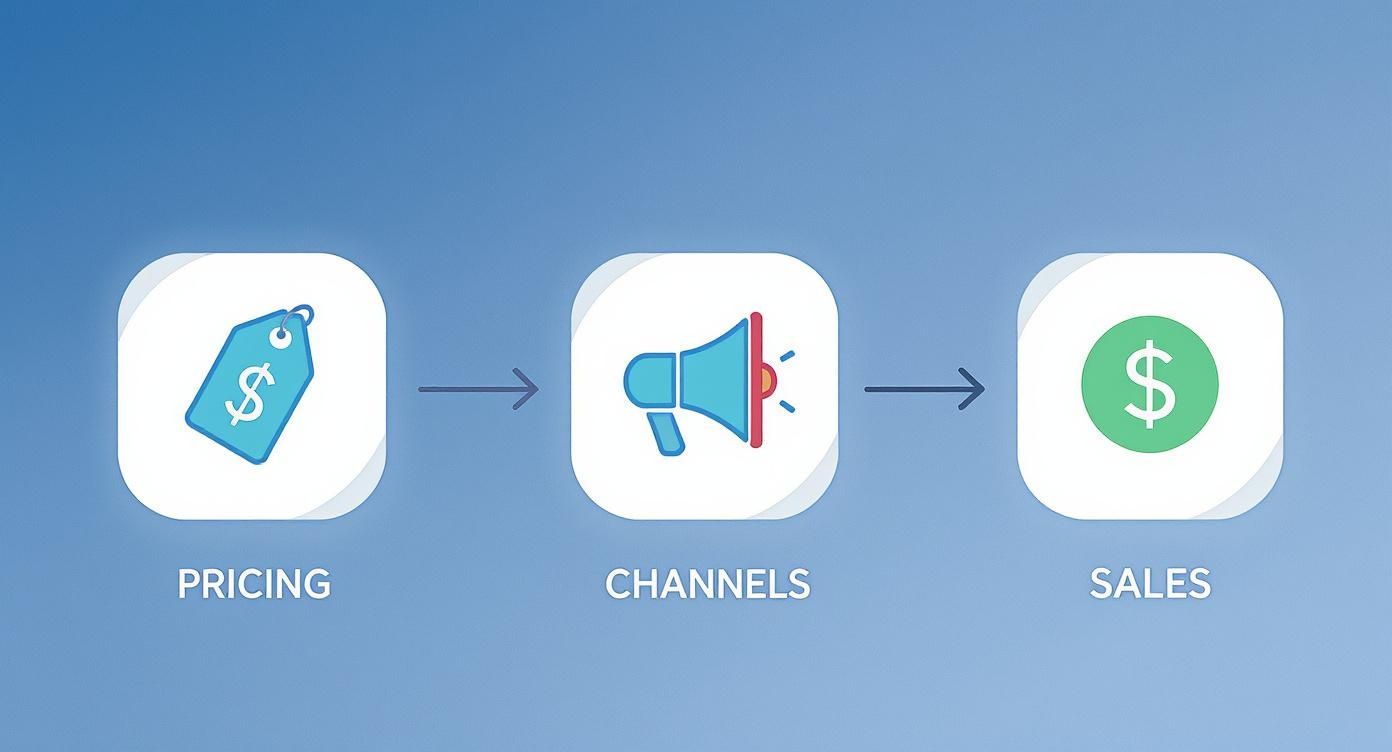 An infographic showing the process flow of a marketing and sales strategy, with icons for Pricing, Channels, and Sales.