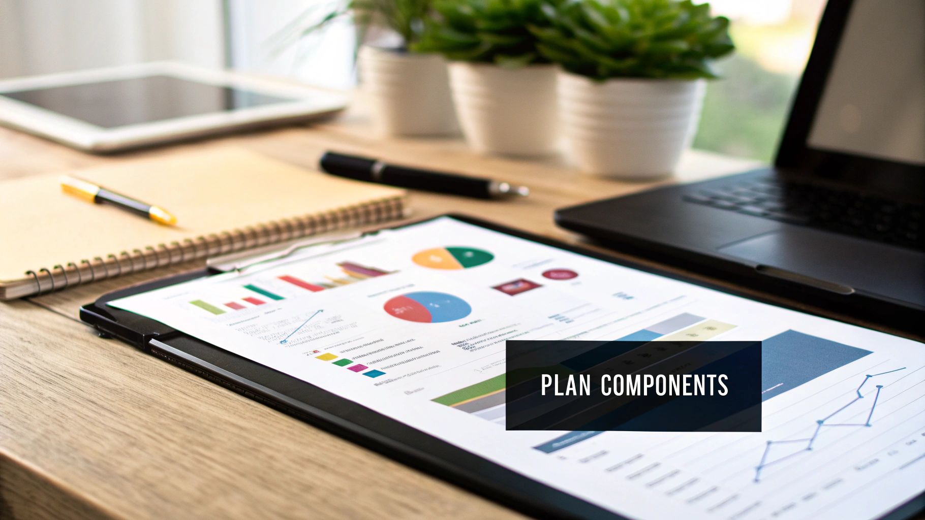 A small business owner reviewing different sections of a business plan on a tablet.