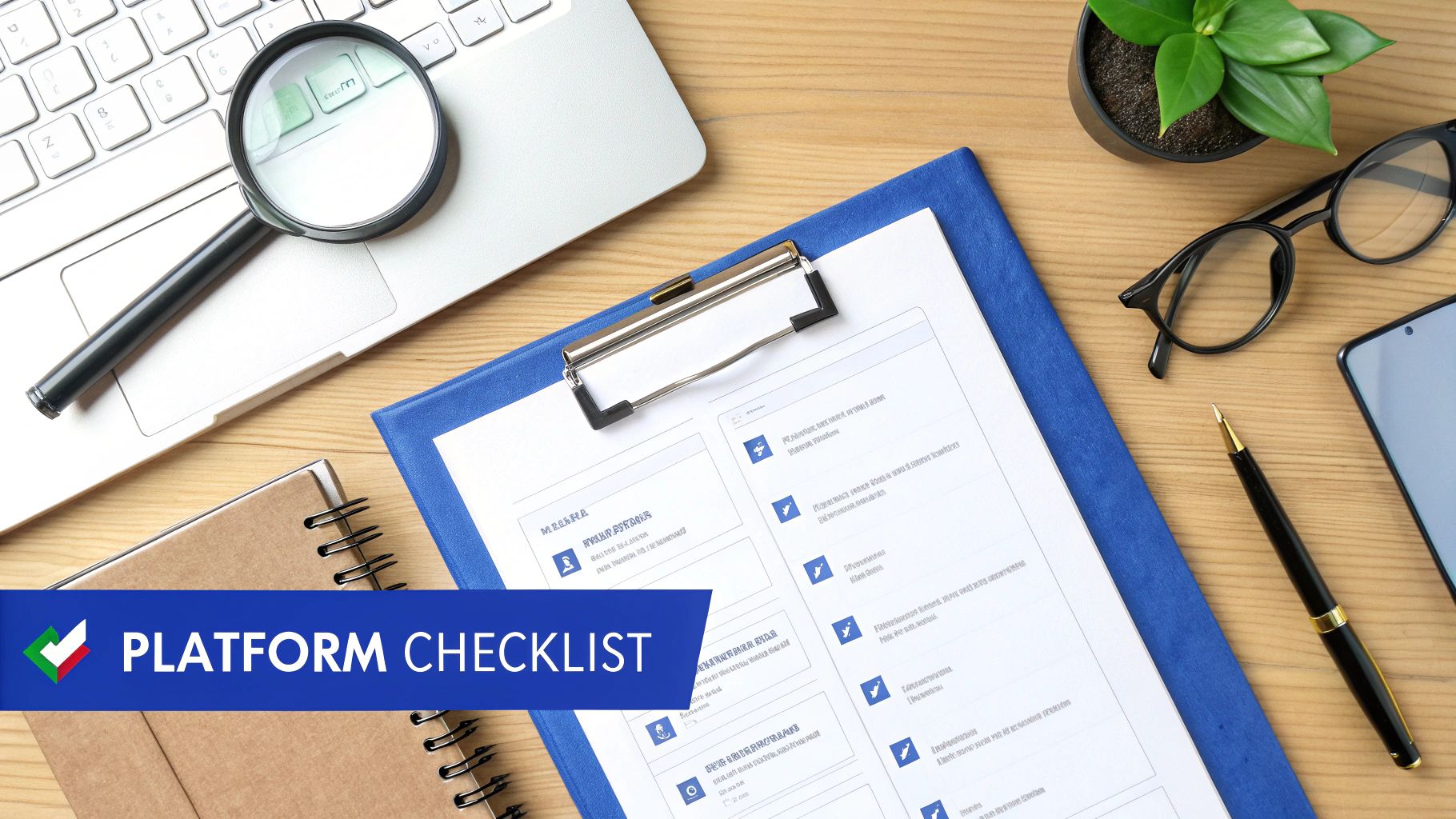 A flat lay of a wooden desk with a laptop, magnifying glass, clipboard with a checklist, notebook, plant, glasses, smartphone, and pen.