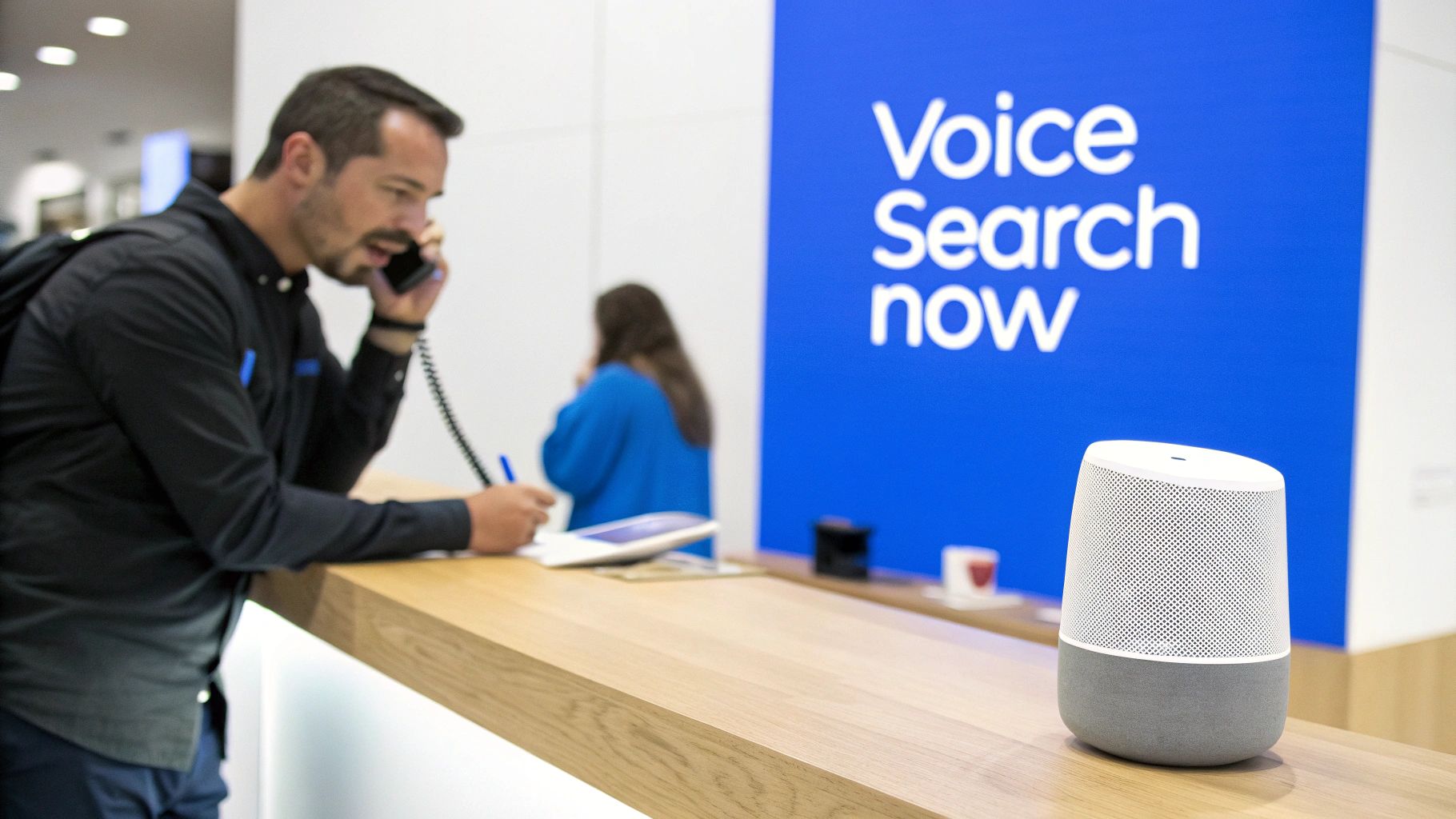 A man talks on a phone and writes at a counter with a smart speaker, near a 'Voice Search now' sign.