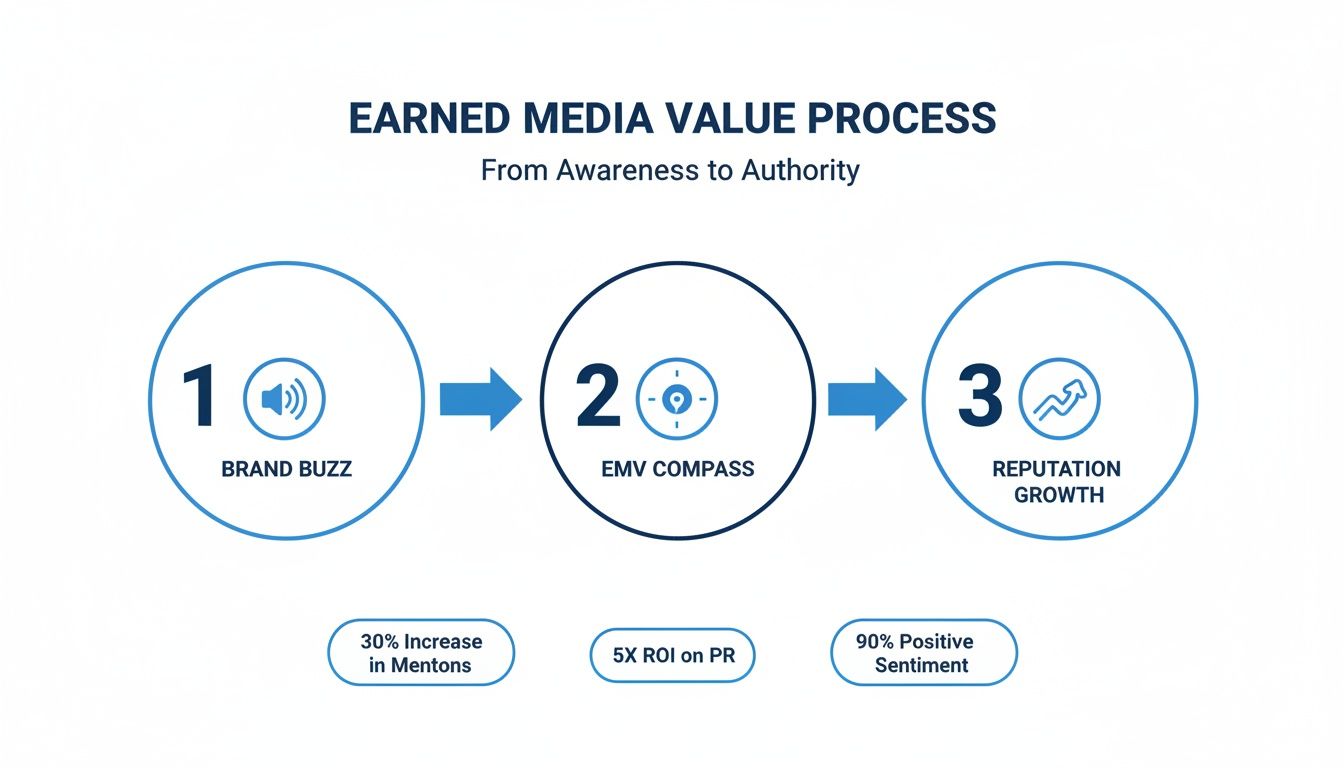 Earned media value process diagram illustrating steps from brand buzz to reputation growth with key metrics.