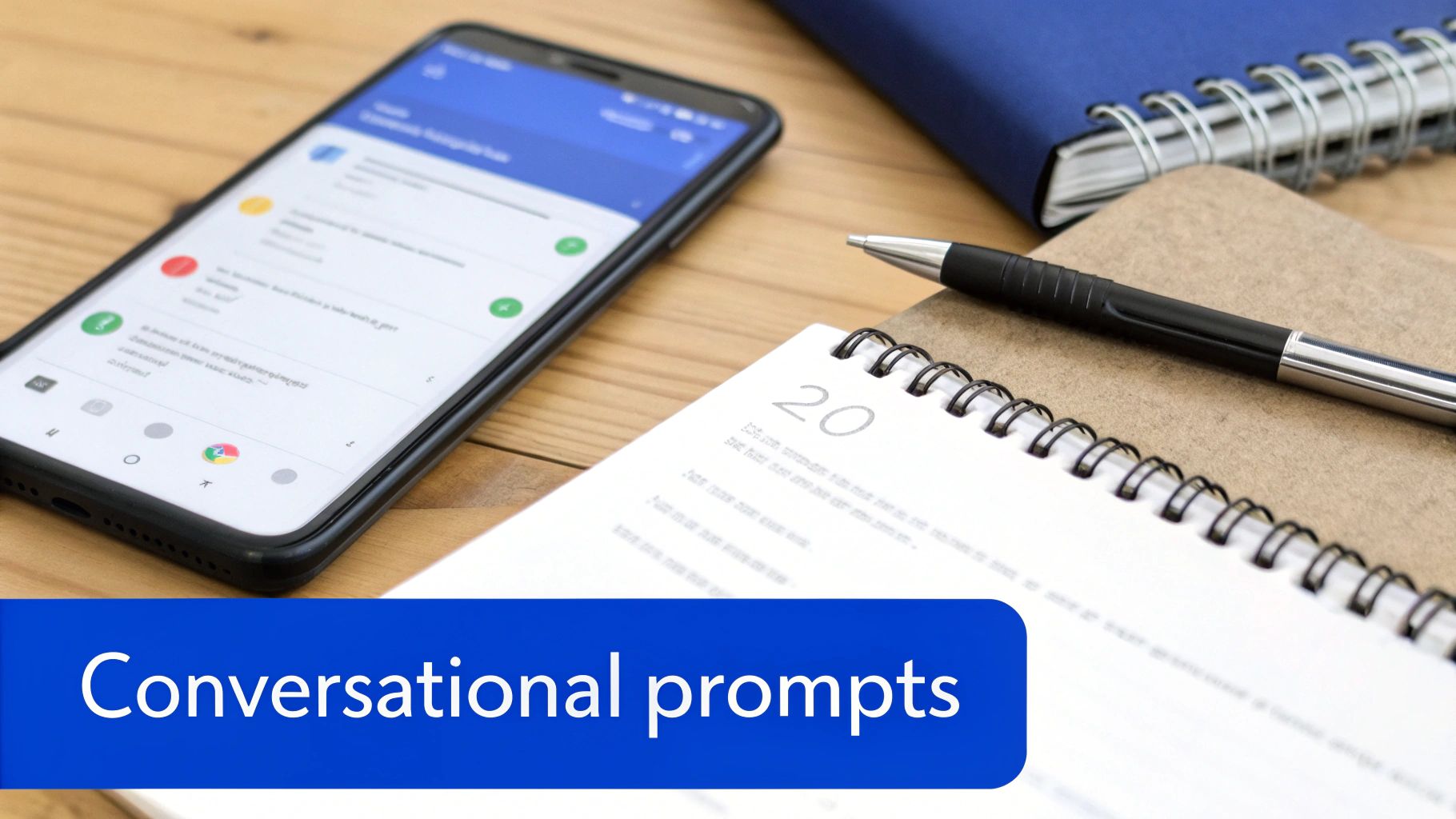 A smartphone displaying emails, a pen, and notebooks on a wooden desk with "Conversational prompts".