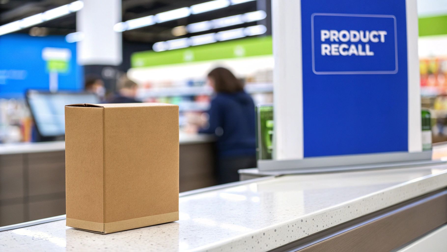 A brown cardboard box on a store counter with a blue sign reading 'PRODUCT RECALL' in the background.