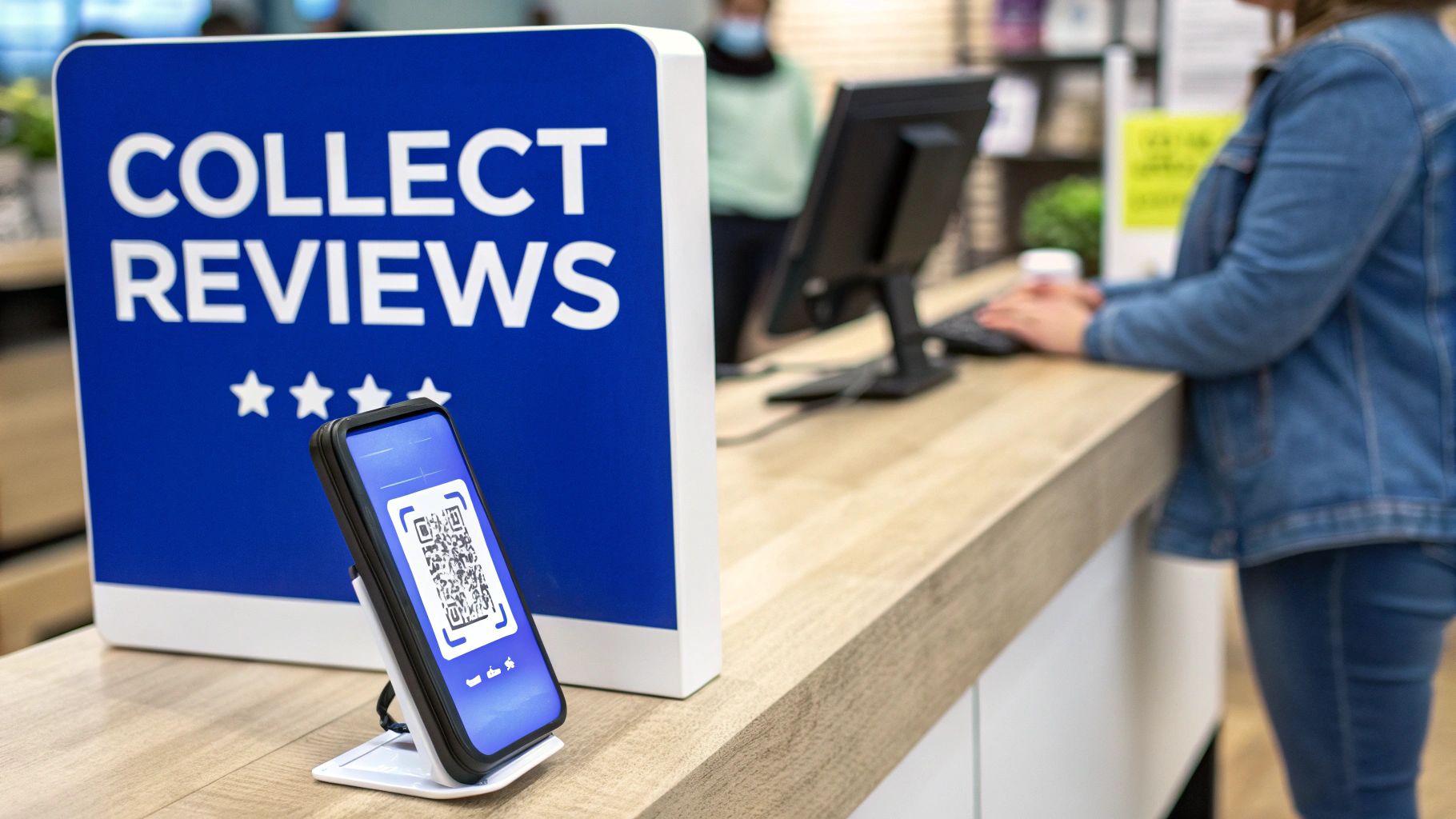 A display with a 'COLLECT REVIEWS' sign and QR code on a smartphone for customer feedback.