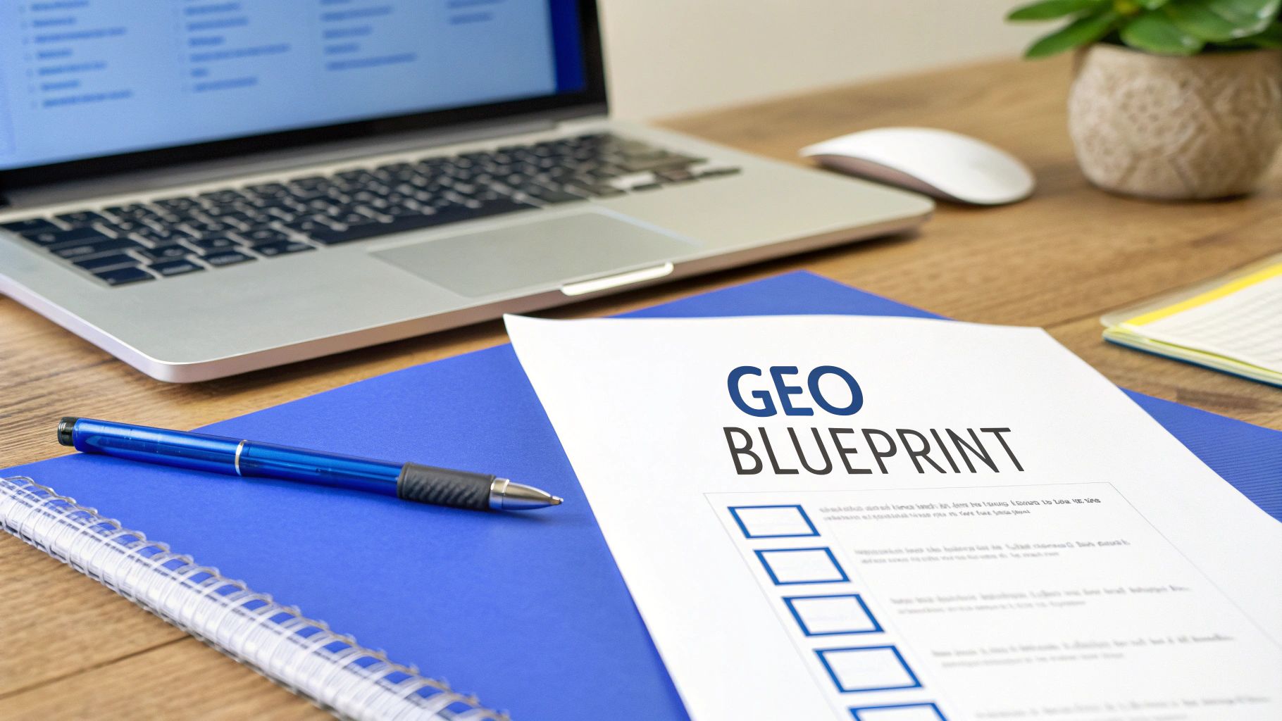A desk with a laptop, mouse, pen, and a “GEO BLUEPRINT” document with checkboxes.