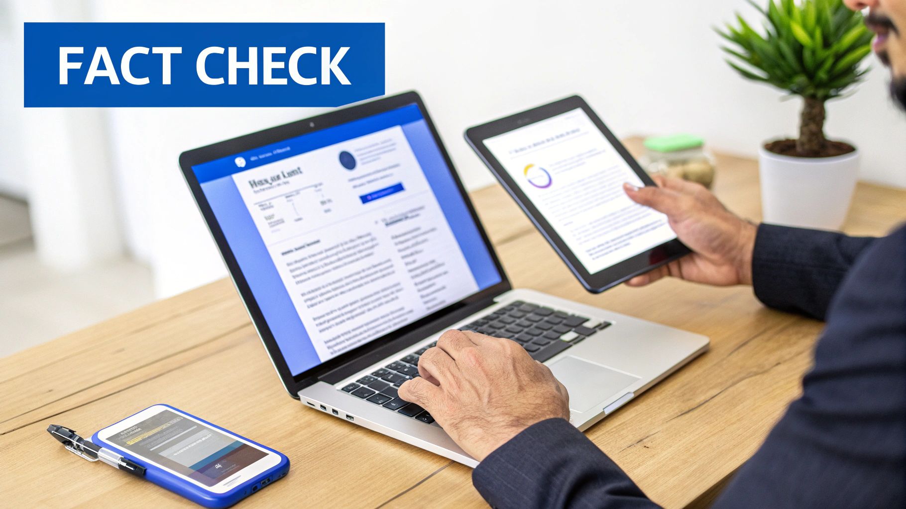 A person reviews information on a laptop and tablet, under a 'FACT CHECK' banner.