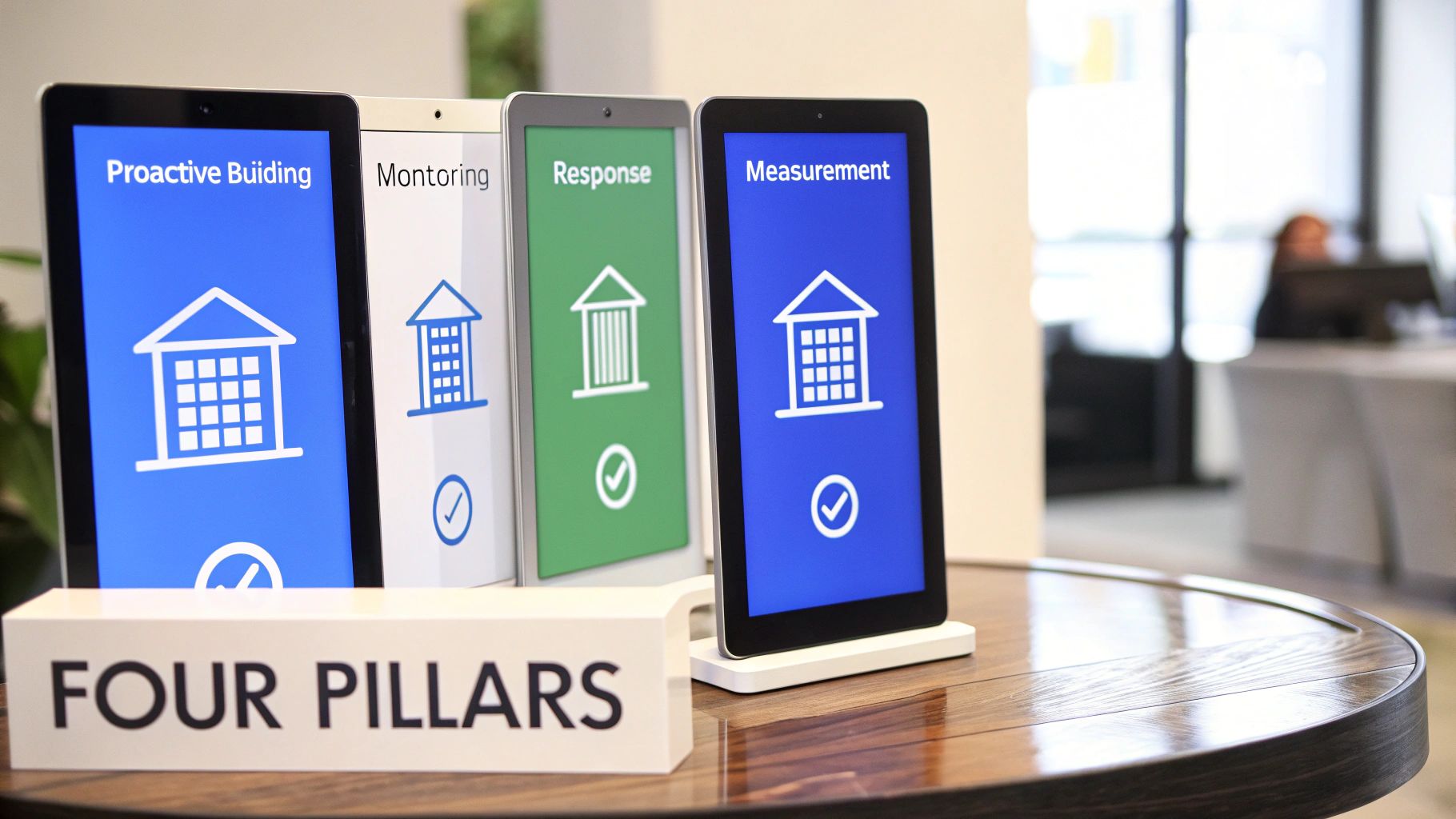 Four tablets on a table displaying 'Four Pillars' for corporate reputation management: Proactive Building, Monitoring, Response, and Measurement.
