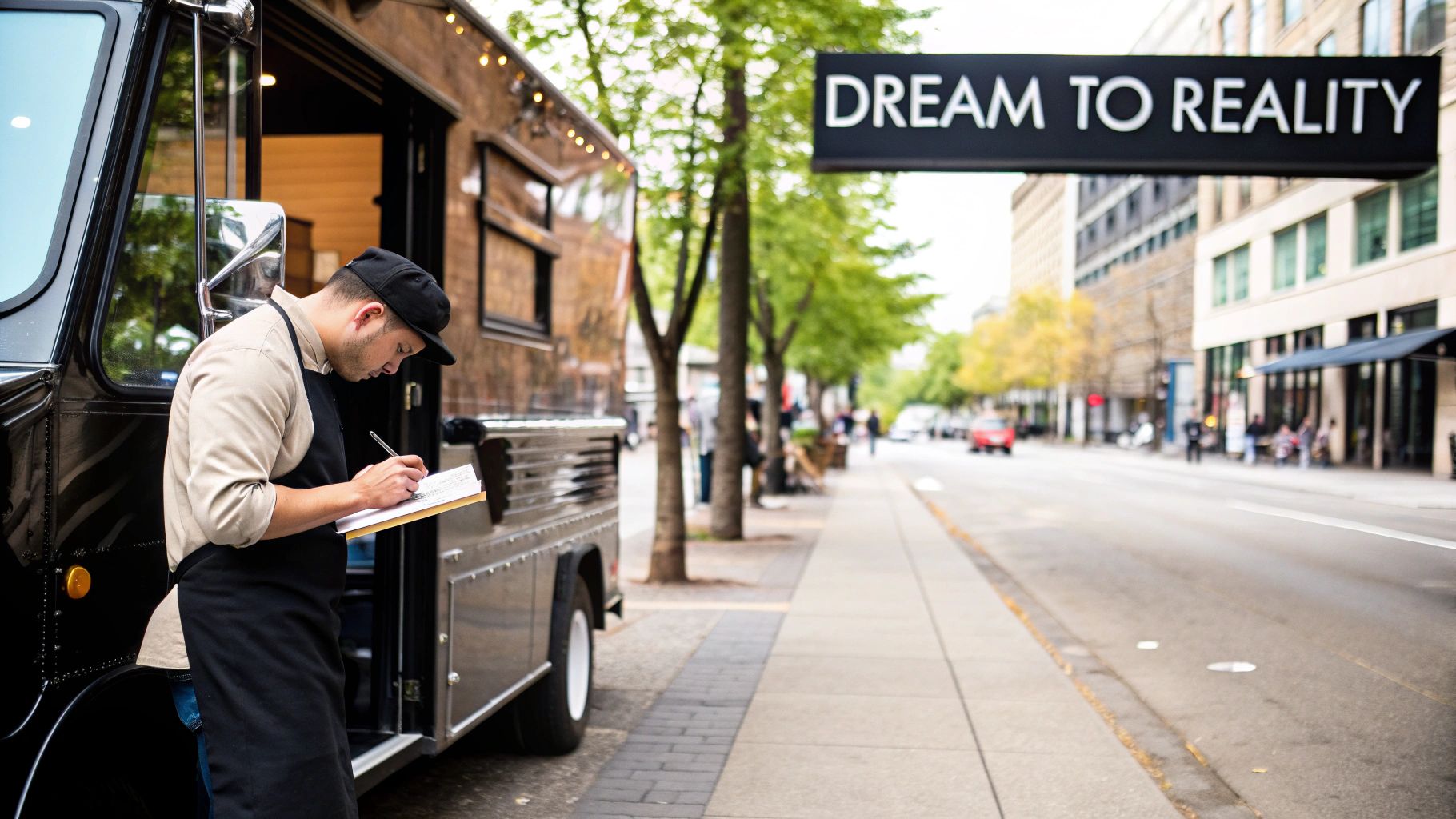 A bustling food truck with an open service window and a line of customers.