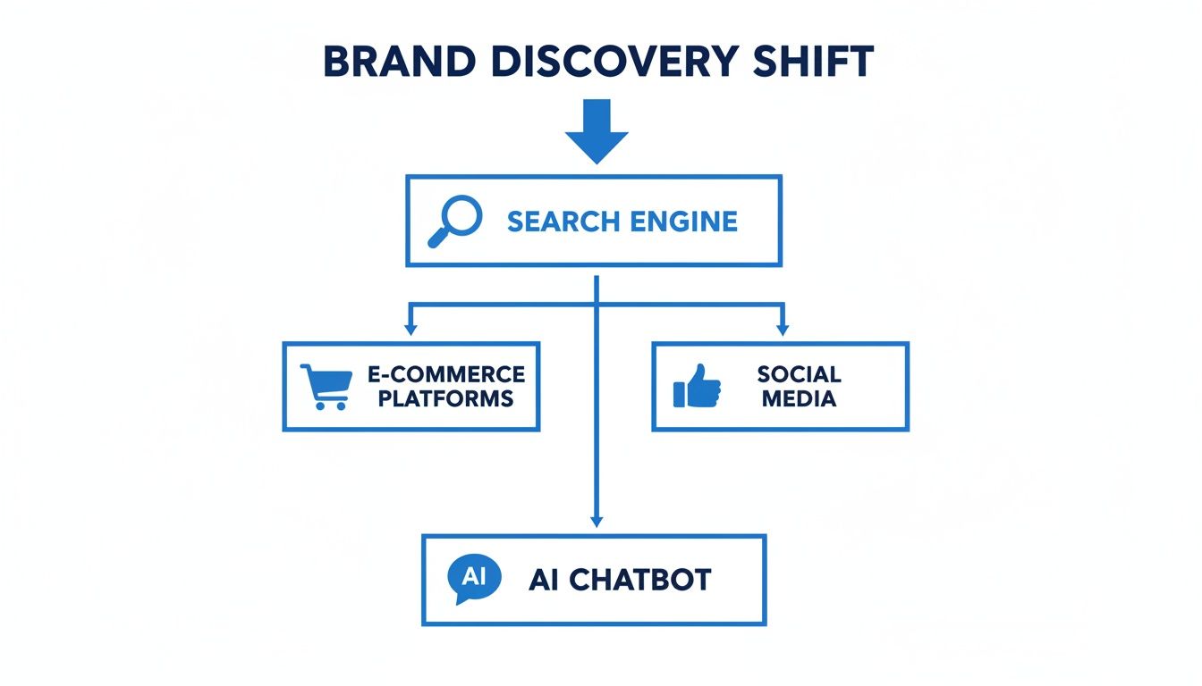 Flowchart illustrating the brand discovery shift from search engines to e-commerce, social media, and AI chatbots.