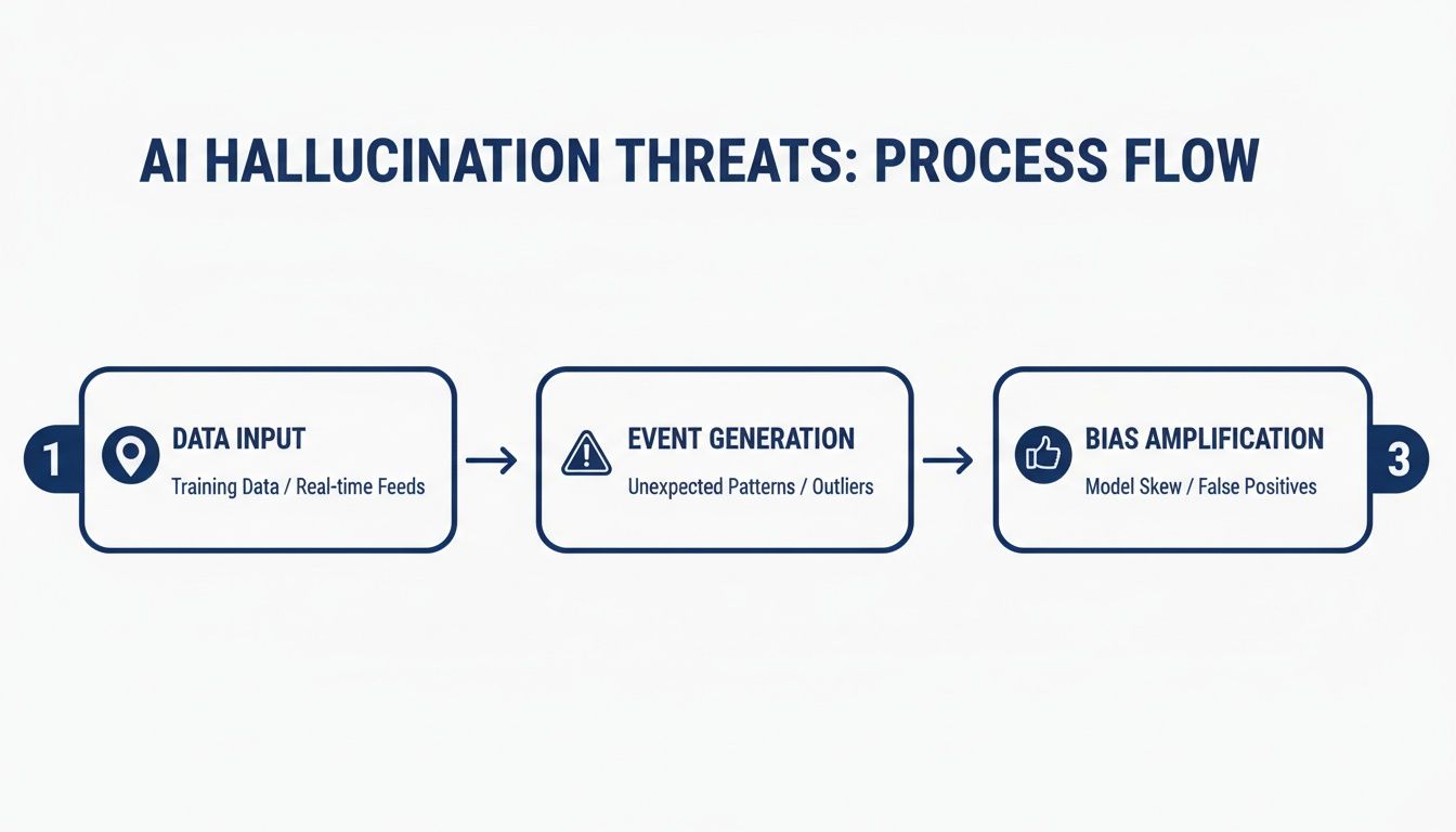 A three-step process flow diagram illustrating AI hallucination threats, from data input to bias amplification.