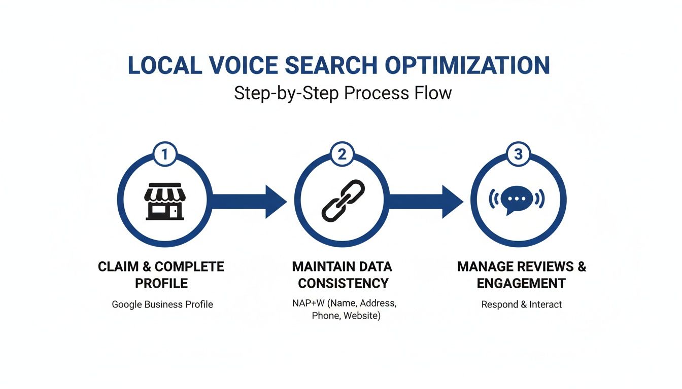 A three-step process for local voice search optimization, covering profile, data consistency, and engagement.